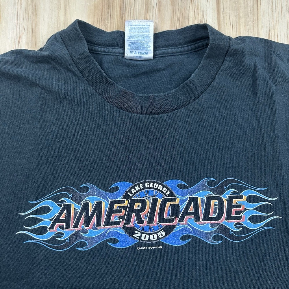 Vintage Y2K Americade 2005 Womens Biker Flame Chopped Sleeve Crop Tank Black XL